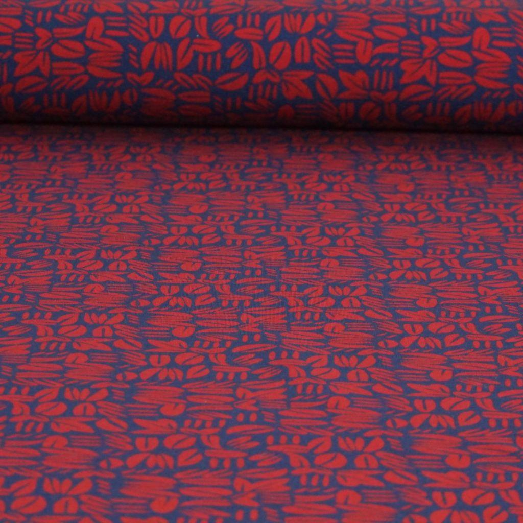 French Terry abstrakte Blätter dunkelrot auf dunkelblau